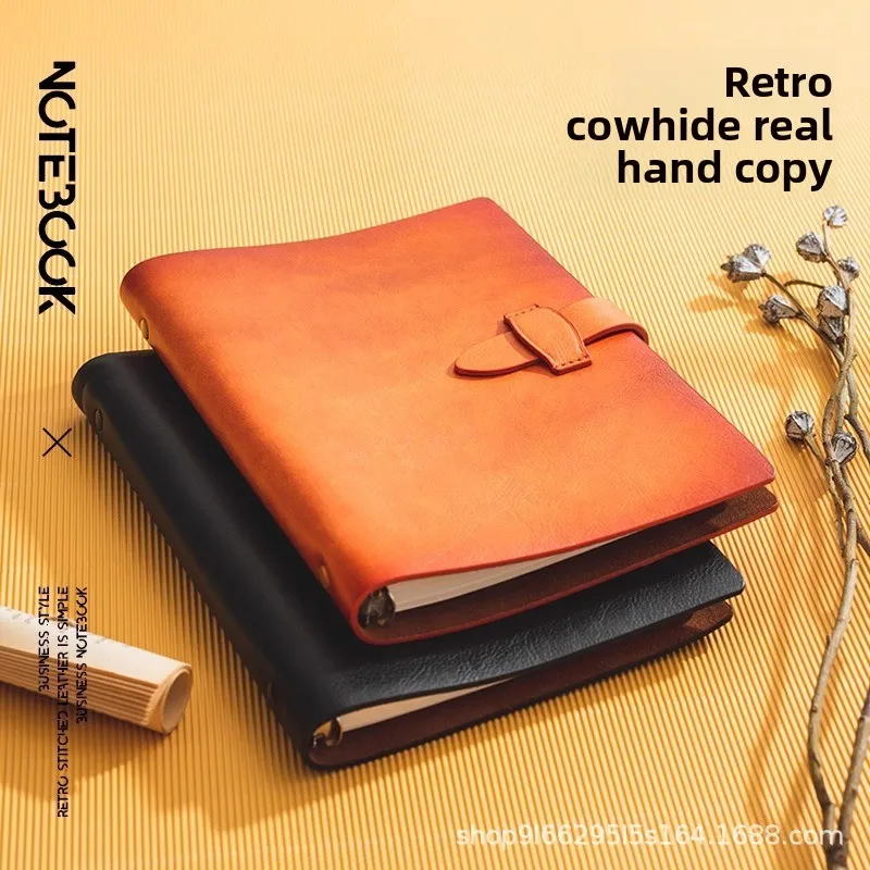Cowhide Leather A5 6 Hole Loose Leaf Notebook with Snap Button Closure, Refillable Business Journal 160 Pages 100g Paper for