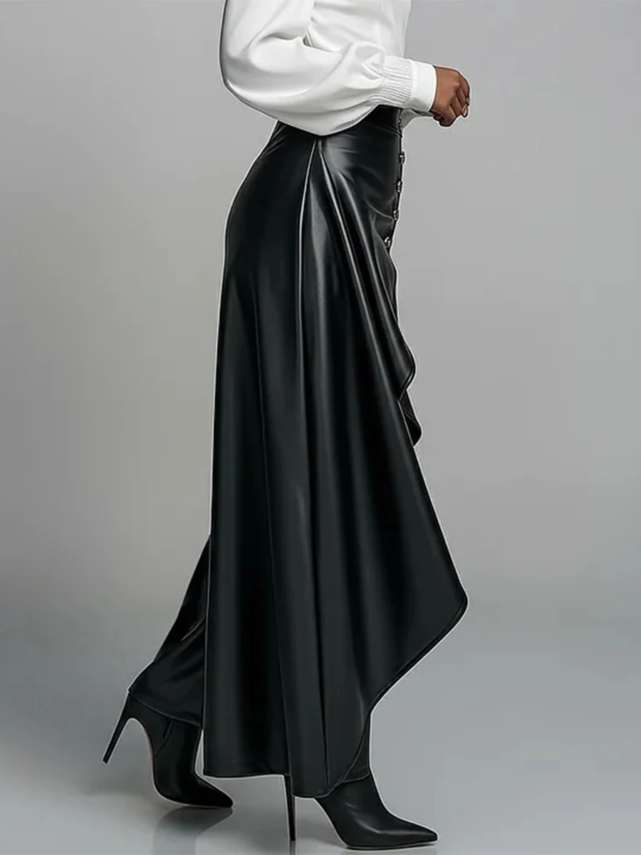 Yeezzi Women's Black Faux Leather Asymmetrical Ruffle Wide-Leg Pants High Waist Buttoned Fashion Party Office Trousers 2026 New
