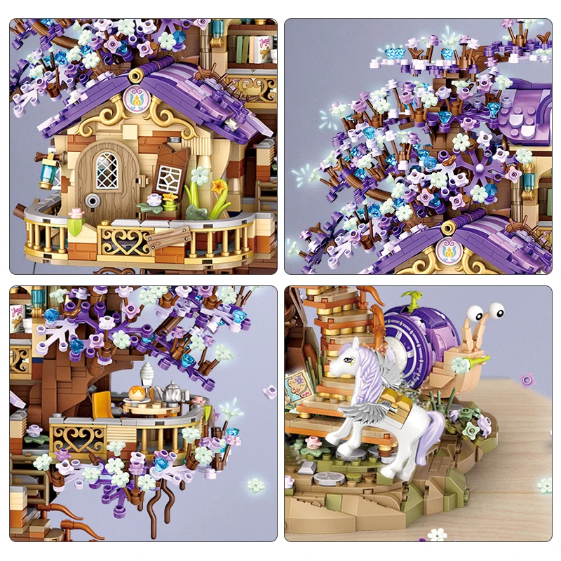 Creative LOZ Mini EIf Tree House Luminous Brick Building Blocks DIY City Street View Cherry Blossom Model Toys For Children Gift