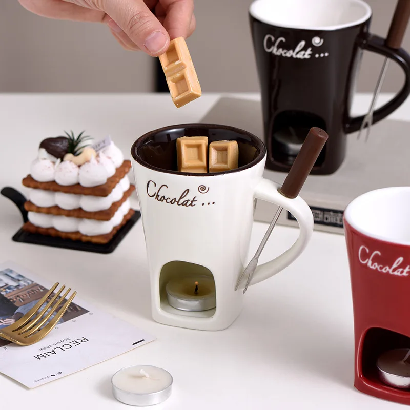 

Coffee mug hot pot Ice cream cheese melt oven Ceramic fondue cup with fork new design hot chocolate milk cup creative candles