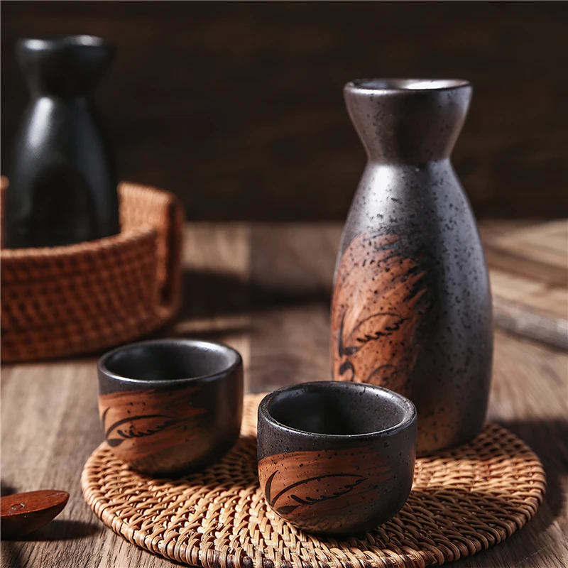 Ceramic Wine Pot Japanese  Bottle Jug Black Clay Retro Cup Round Bar Decoration Drinkware Home Kitchen Supplies Sake Waterware