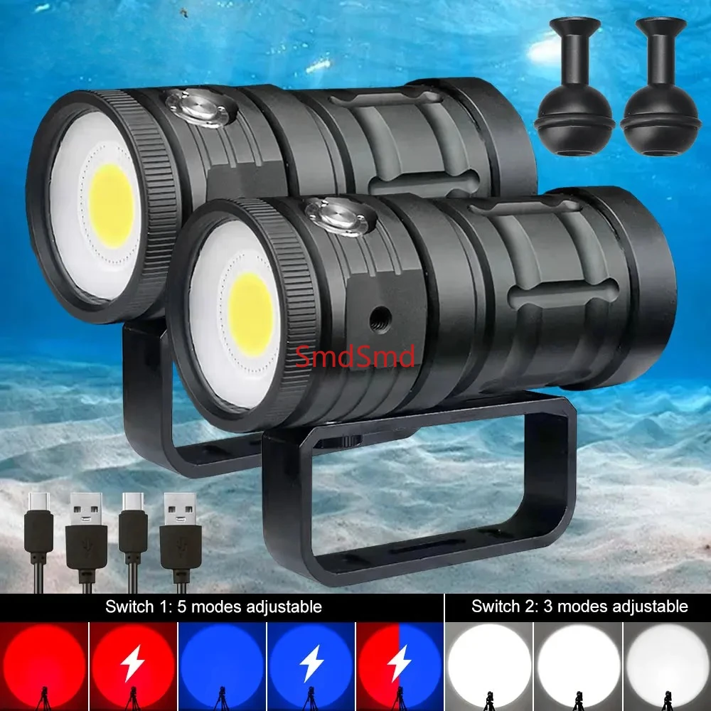 Professional LED Diving Flashlight 18000LM COB Tactical Torch IPX8 Waterproof Glare Video Camera Light White Blue Red Fill Light