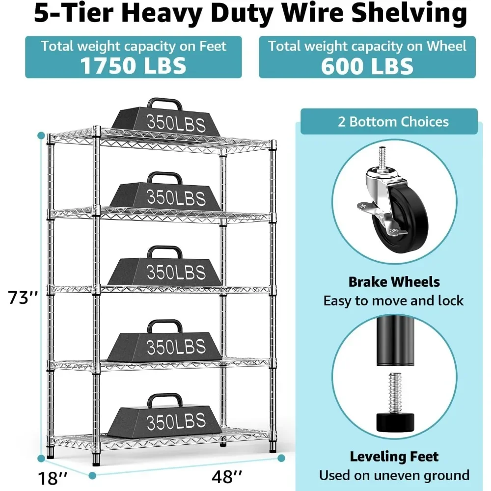 MZG Steel Storage Shelving 5-Tier Utility Shelving Unit with Wheels, Steel Organizer Wire Rack for Home,Kitchen,Office,Garage,17