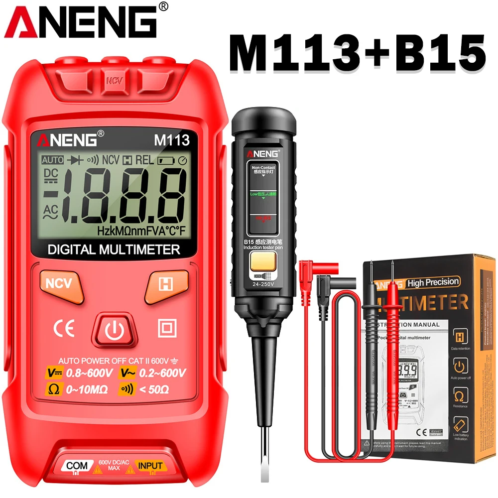 Digitale multimeter Intelligente AC/DC-spanningsmeter ANENG M113+B15 Eén-woord-schroevendraaier Highlight Indicator Elektricienkit-tester