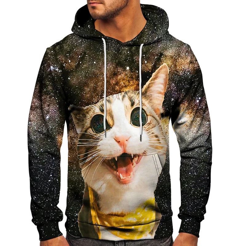 Harajuku Galaxy Colorful Animal Cat Planet Funny Pattern Print Men Hoodies Female Hooded Sweatshirt Size S-6XL Pullover Clothes