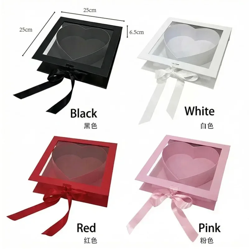 1 boîte cadeau en forme de cœur de couleur aléatoire + 1 enveloppe avec fenêtre transparente, boîte d'emballage romantique, boîte à fleurs élégante en carton