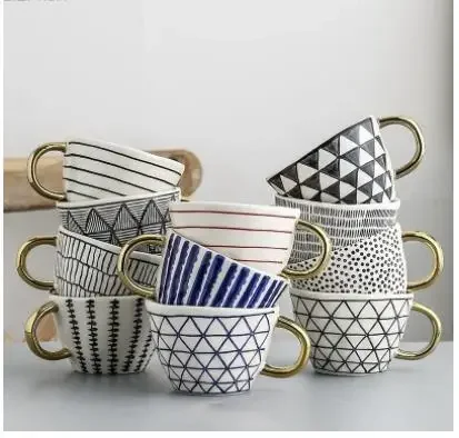 American Irregular Geometric Ceramic Coffee Cup with Gold Plated Handle Black and White Pattern Milk Tea Cup Home Accessories