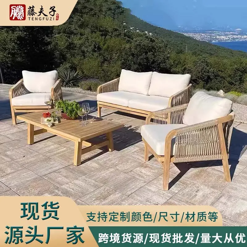 Teak Outdoor Sofa Courtyard Garden Preservative Wood Designer Open-air Balcony Leisure Rattan Chair Hotel Furniture Combination
