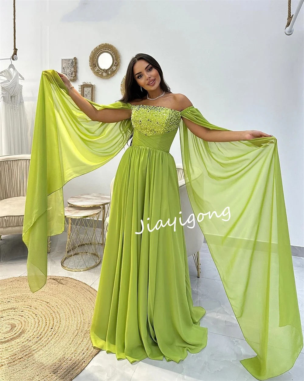 Customized Exquisite Chiffon Pleat Sequined A-line Off-the-shoulder Long Dresses Bespoke Occasion Dresses Fashion