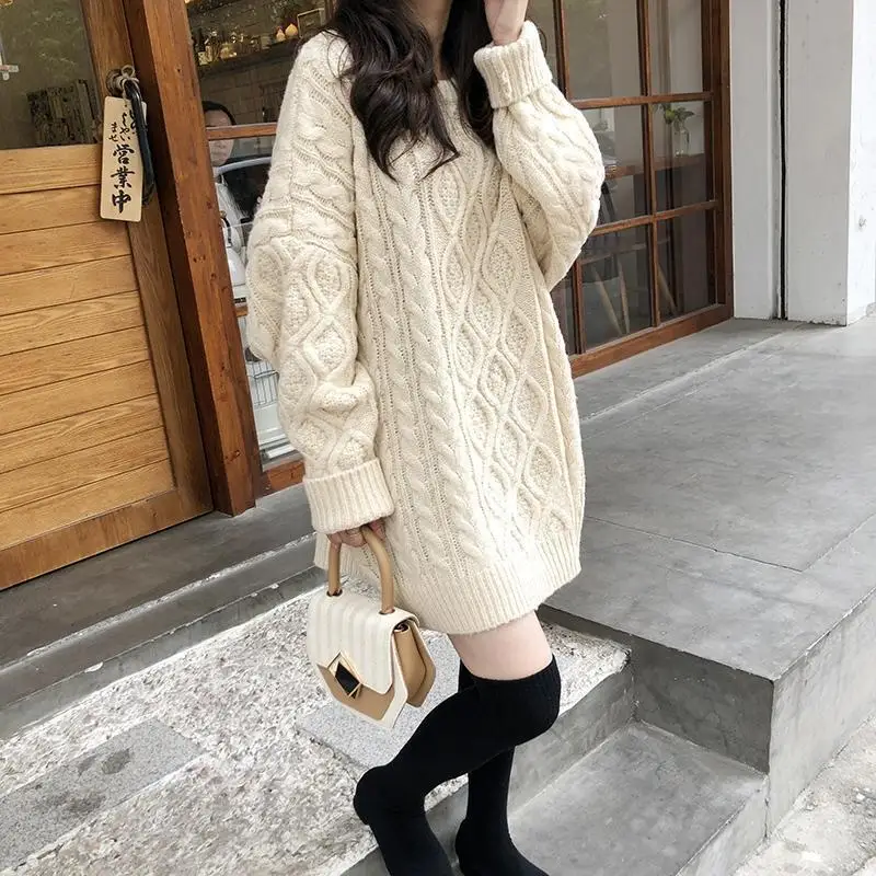 Autumn Winter New Fashion Round Neck Long Sleeve Solid Fried Dough Twists Sweaters Women's Clothing Medium Long Styles Chic Tops