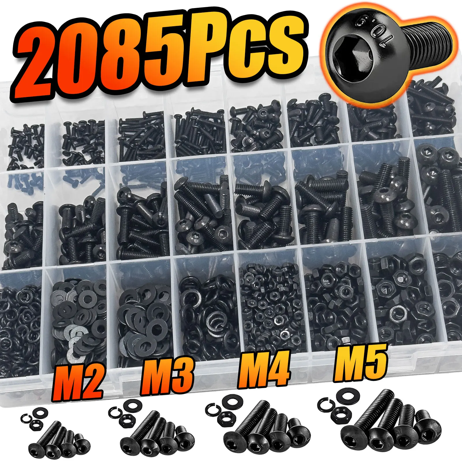 2085PCS 10,9 legierter Stahl metrische Schraube Mutter Unterlegscheibe Kit M2-M5, Sechskant-Halbrundkopf-Maschinenschrauben-Sortiment-Set