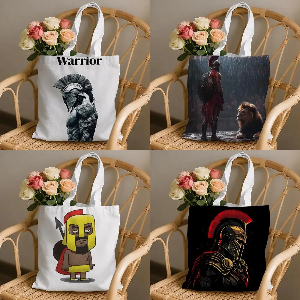 Cute cartoon Warriors brave Spartans Double-Sided Print Canvas Tote Bag Fashion Large Capacity Women's Shoulder Handbag
