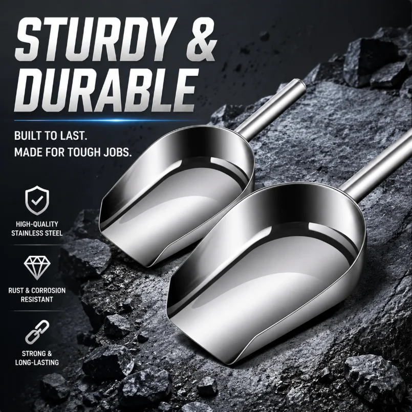 Multi-Purpose Ice Scoop Stainless Steel Food Flour Grain Shovel with Ergonomic Handle Practical for Kitchen Bar Restaurant Use