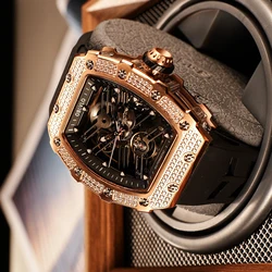 OBLVLO Trend Style Rose Gold Diamonds Bezel Analog Mechanical Watch For Men Tonneau Skeleton Rubber Band Sport Reloj Hombre XM