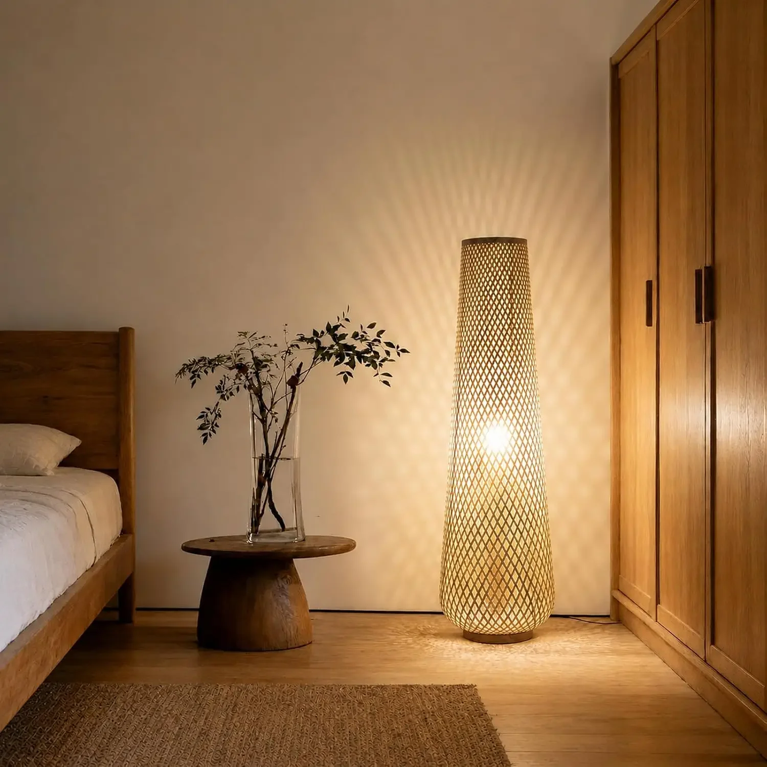 Boho Style Bamboo Woven Floor Lamp for Living Room,36 in,Cozy Decor | Handcrafted Wicker Shade,Unique Shadow Pattern,No Assembly
