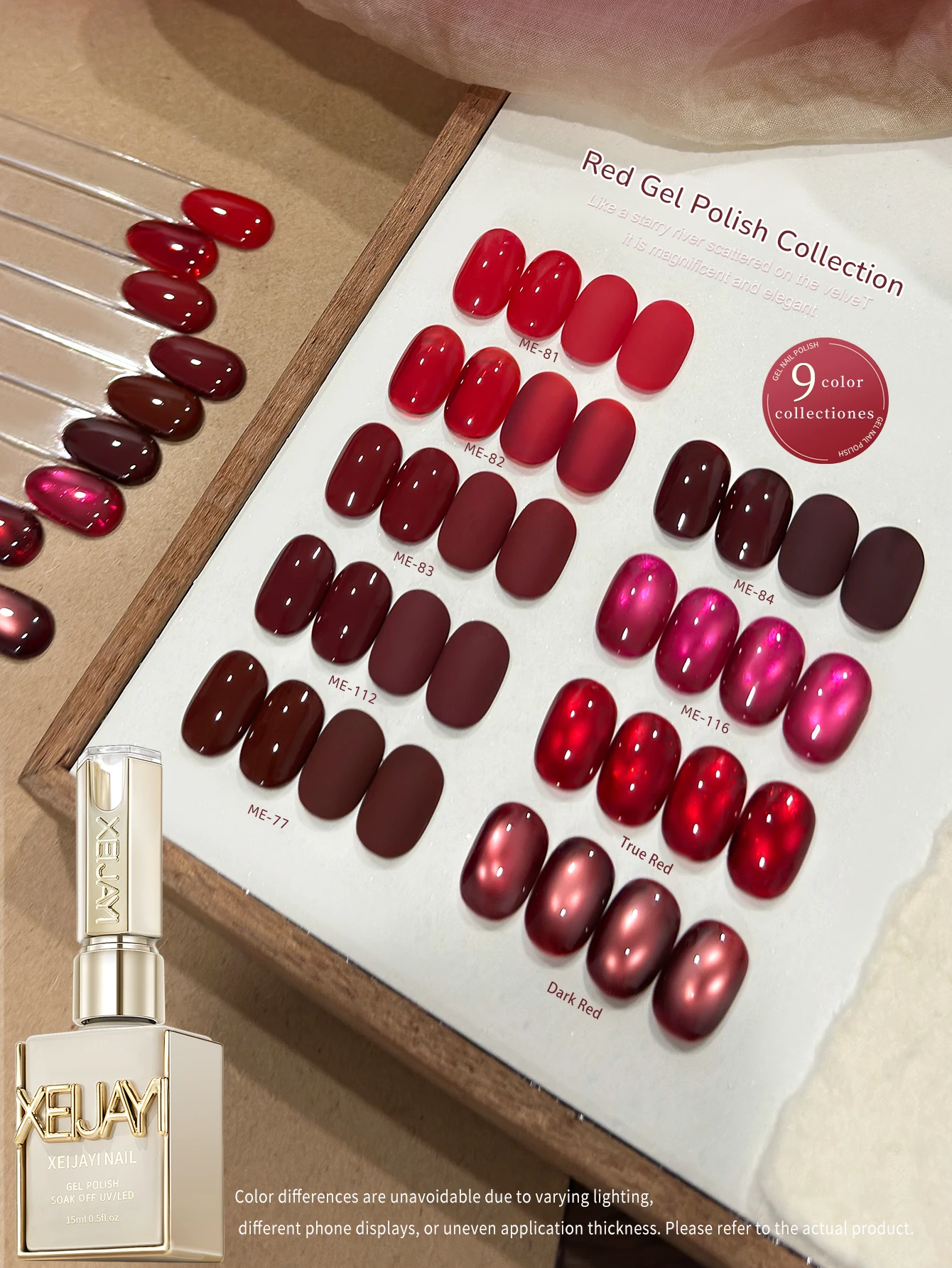 XEIJAYI 1/9 Stück 15ml Hochglanz Rote Serie Katzenauge Gel-Nagellack-Set in Verschiedenen Farben Abziehbarer UV/LED-Lack – Detail 3
