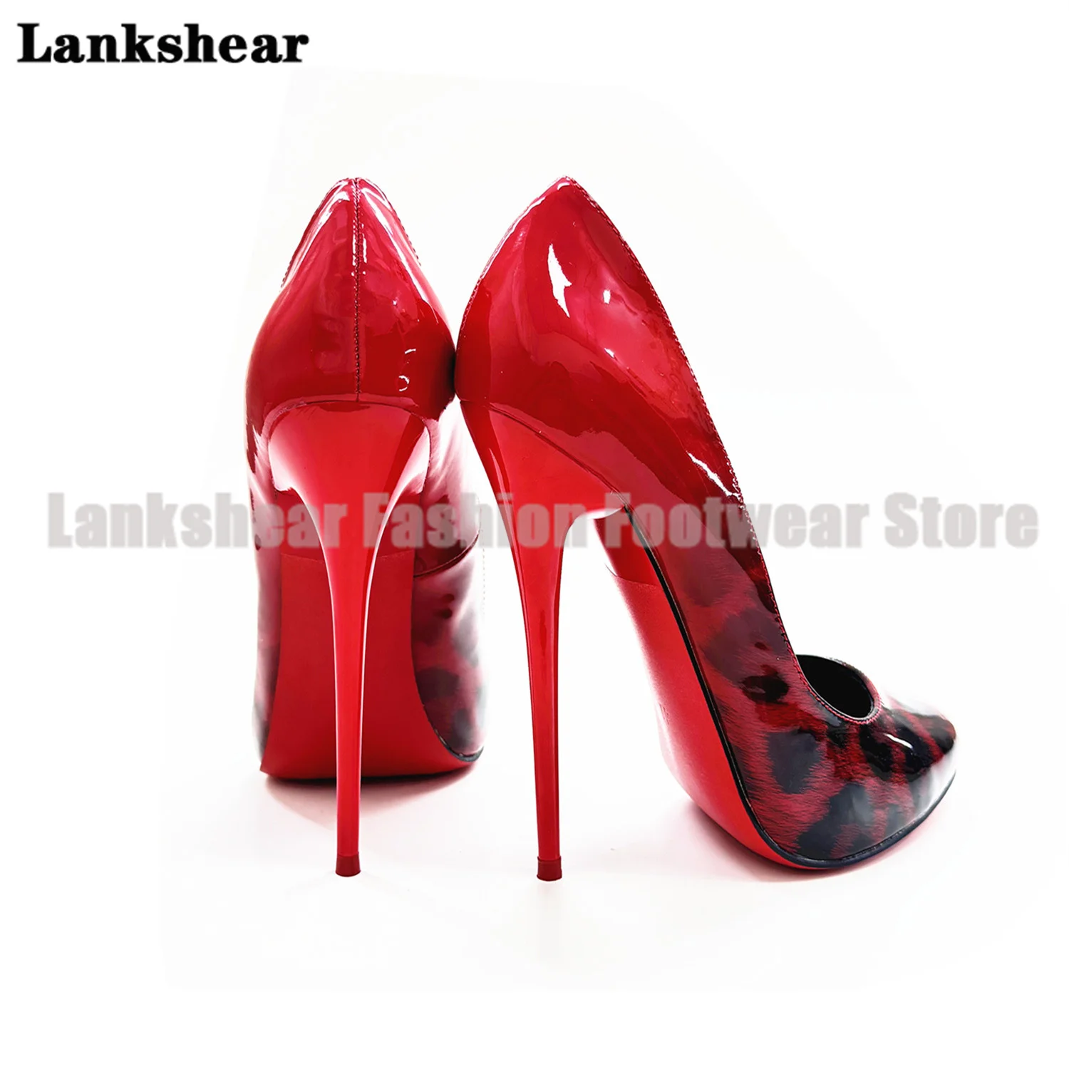 ロージーレッドレオパードグラデーションパテントレザーパンプス16cmエクストリームラッカーヒールスリッポンサンダル女性用シューズサンダリアスデムヘールベラーノ