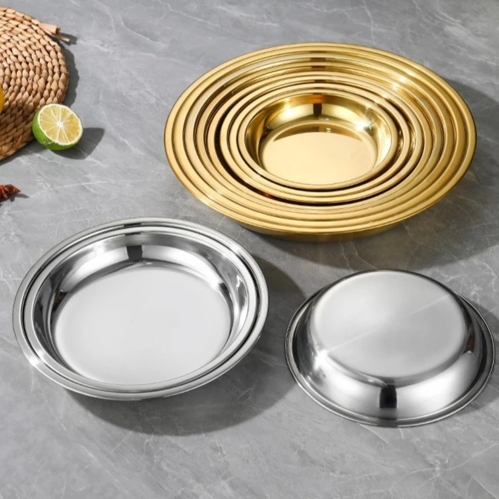 Silver Stainless Steel Round Plate Shallow Tray Rustproof Easy Clean Outdoor Camping Tray Flat Baking Cake Plate Restaurant