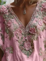 Camisetas holgadas con estampado Floral estereoscópico para mujer, camisetas informales de manga corta con cuello en V, novedad de verano, blusa para ir al trabajo con contraste de colores