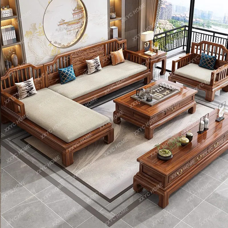KKNew chinoiserie golden rosewood all solid wood sofa for home combination antique ming and qing dynasty carved