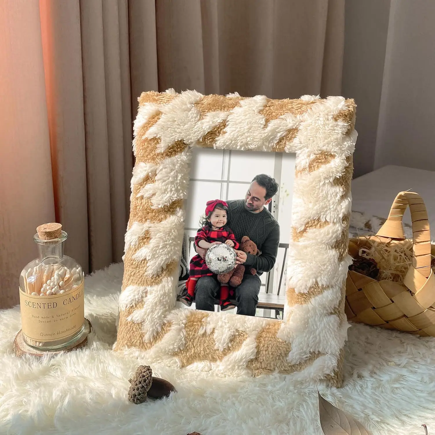 Orange Plush Photo Frame 6/7/8 Fabric With Velvet Lining, Square Hollow, European-style Exquisite Tablecloth Display Stand