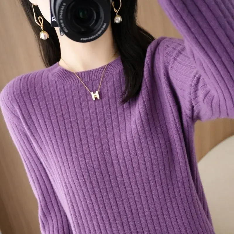 

Women's Solid Color Long Sleeve Trend Autumn Knitted Tops Fashion All-match Round Neck Simplicity Sweaters for Female E703