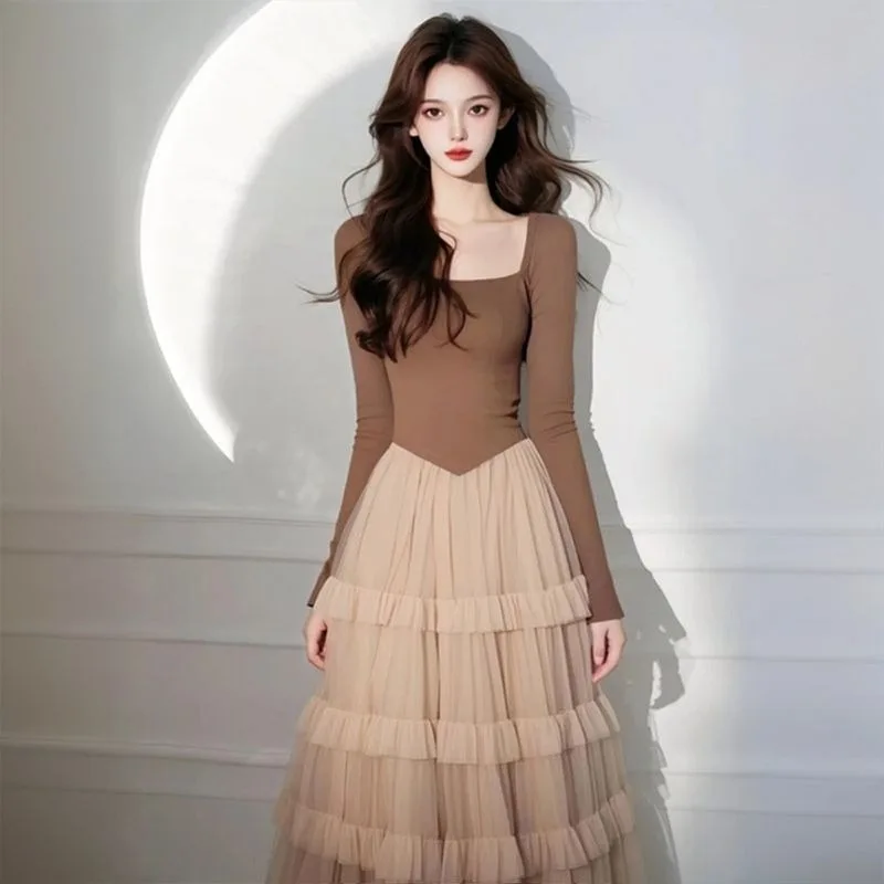 Nova luz francesa de luxo vestido outono moda feminina malha retalhos cintura fina manga longa multi camada vestidos festa