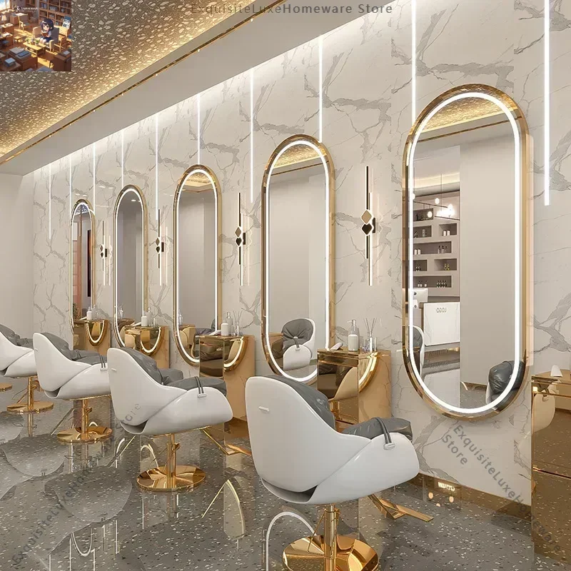 

Hair Salon Furniture Barber Shop Mirror Station With Led Light Wall Mounted Hairdressing Mirror Touch Screen Mirror