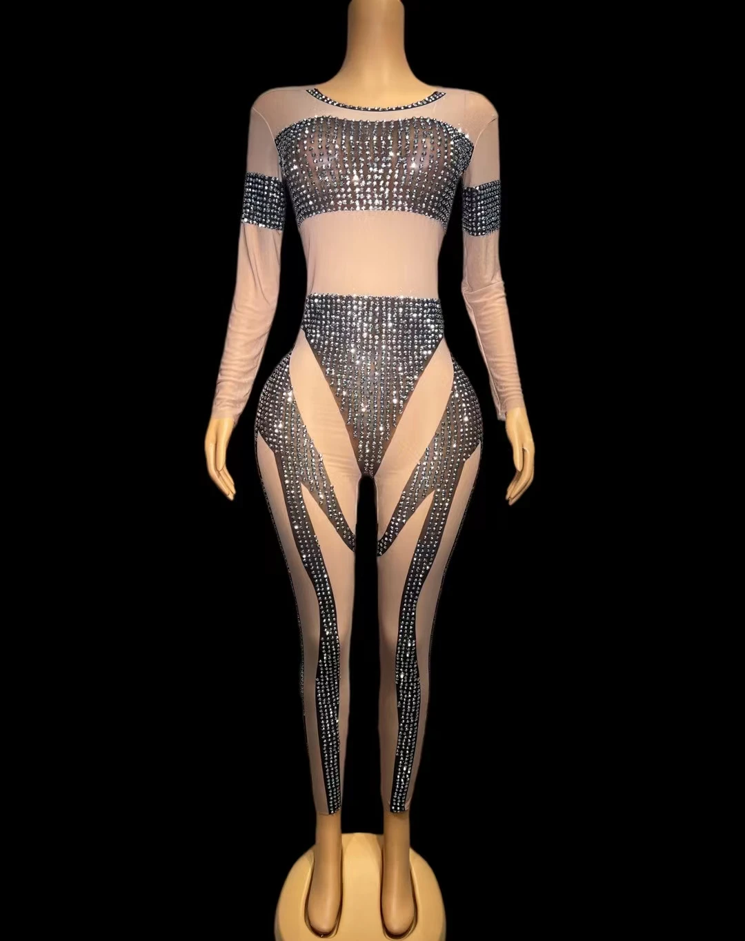 Spandex Sparkly Rhinestone Skinny Elastic Jumpsuit Fashion Women High-end Sexy Jumpsuit Club Stage Performance Wear Heiseyouhuo