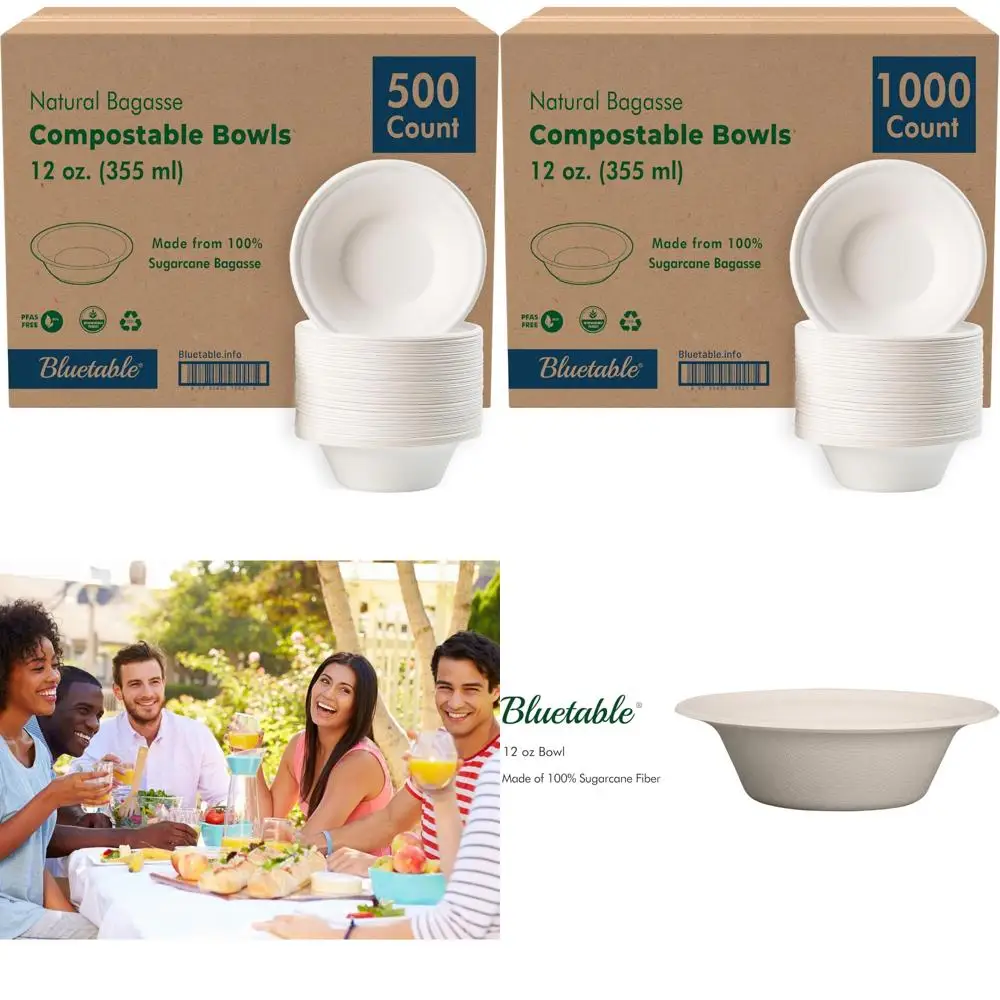 

Compostable Disposable Paper Bowls - 500 Pack, 12 oz, Bulk Biodegradable Bowls for Hot Soup, Chili, and More