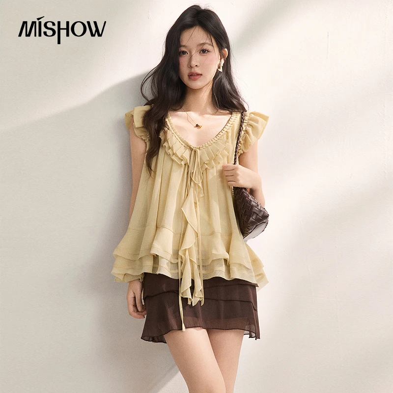 

MISHOW Women Flutter Sleeve V Neck Blouse Lightweight Chiffon Tiered Ruffle Drawstring Front French Casual Summer Top MXF22X2587