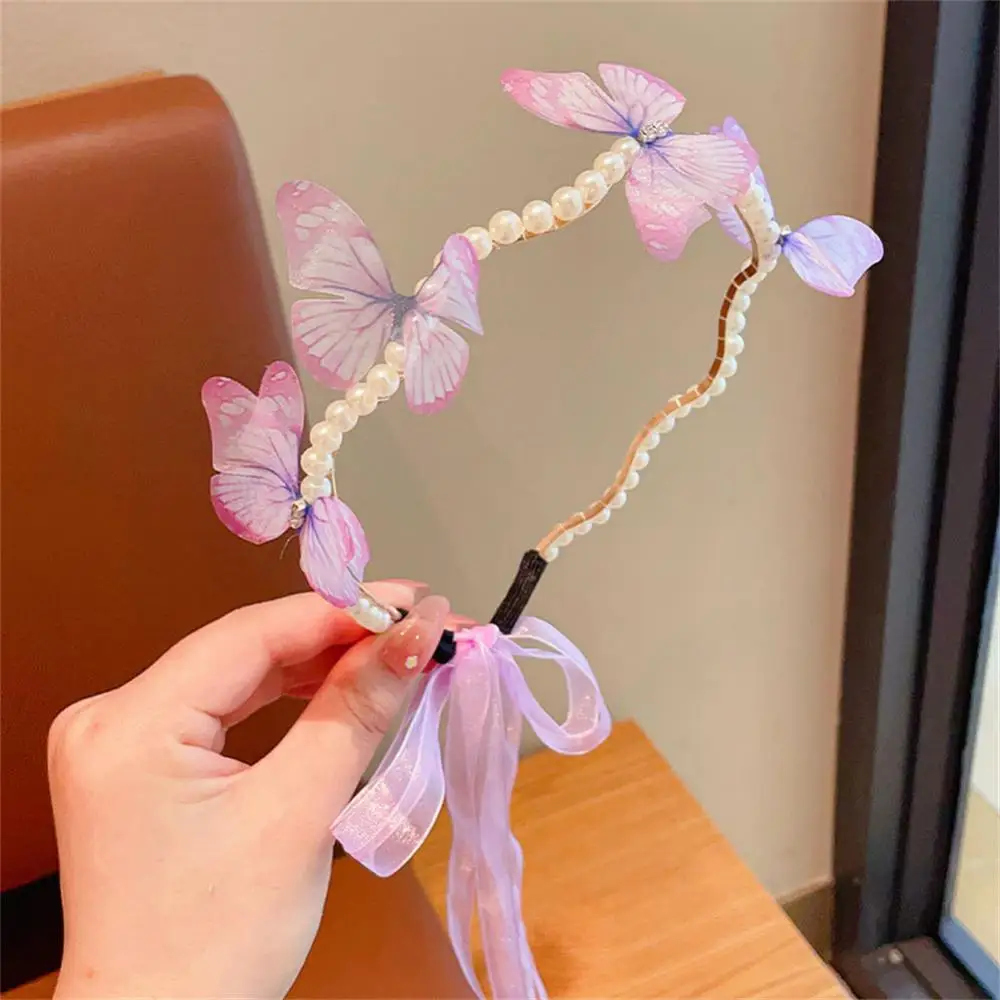 Children's Butterfly Headband, Streamer Hair Hoop, bebê, princesa bonito, feminino Pérola Hairband, acabamento Hairpin, 1-10pcs