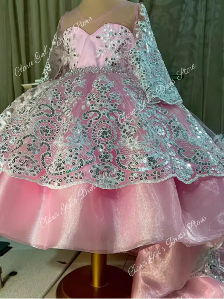 Robe à fleurs rose pour filles, avec des Appliques florales à paillettes, avec nœud, manches longues, pour mariage, anniversaire, bal, robe de sainte Communion