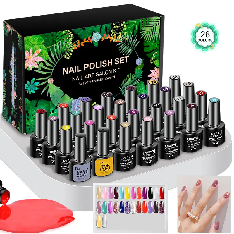 Lnwpyh gel unha polonês conjunto kit gel 26 cores semi permanente uv led gel verniz embeber fora lascas de unhas base casaco superior kit