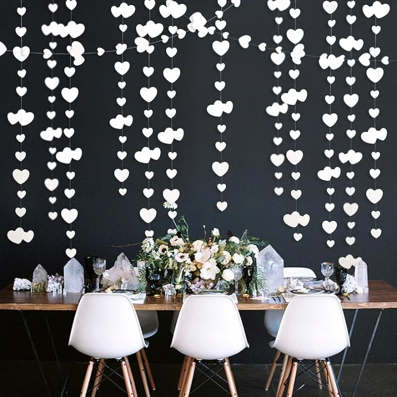 

White Valentines Day Heart Garland Decor Anniversary Love Hanging Paper Streamer Banner for Wedding Bachelorette Party Supplies