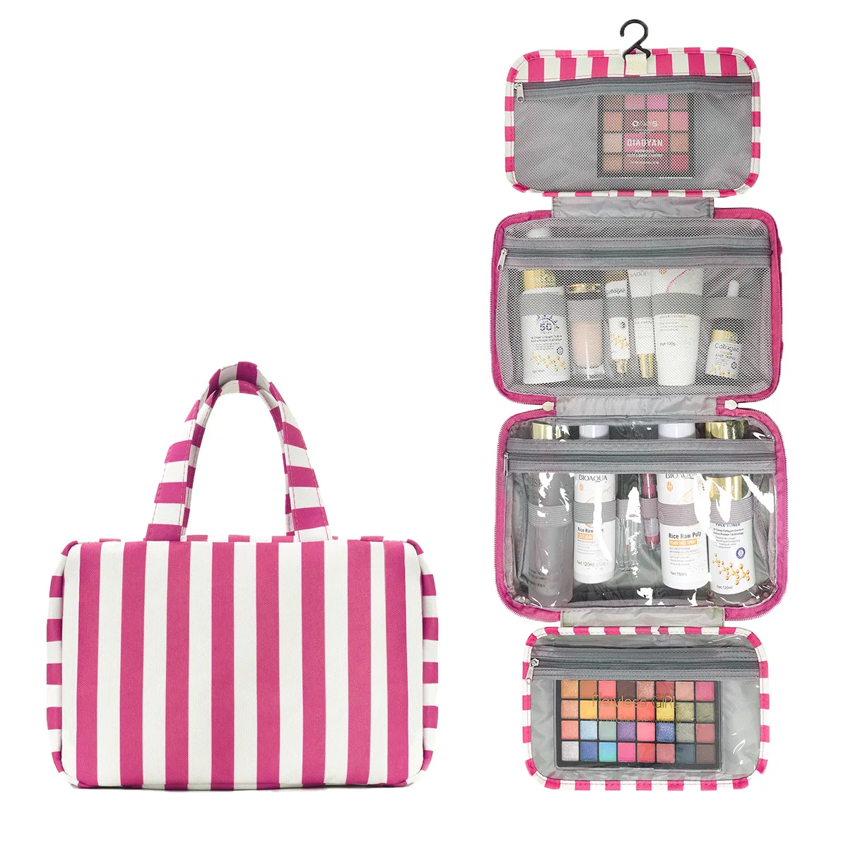 Foldable Wet Dry Separation Toiletry Bag Travel Striped Makeup Bag Large-Capacity Storage Business Trip Skincare Organizer