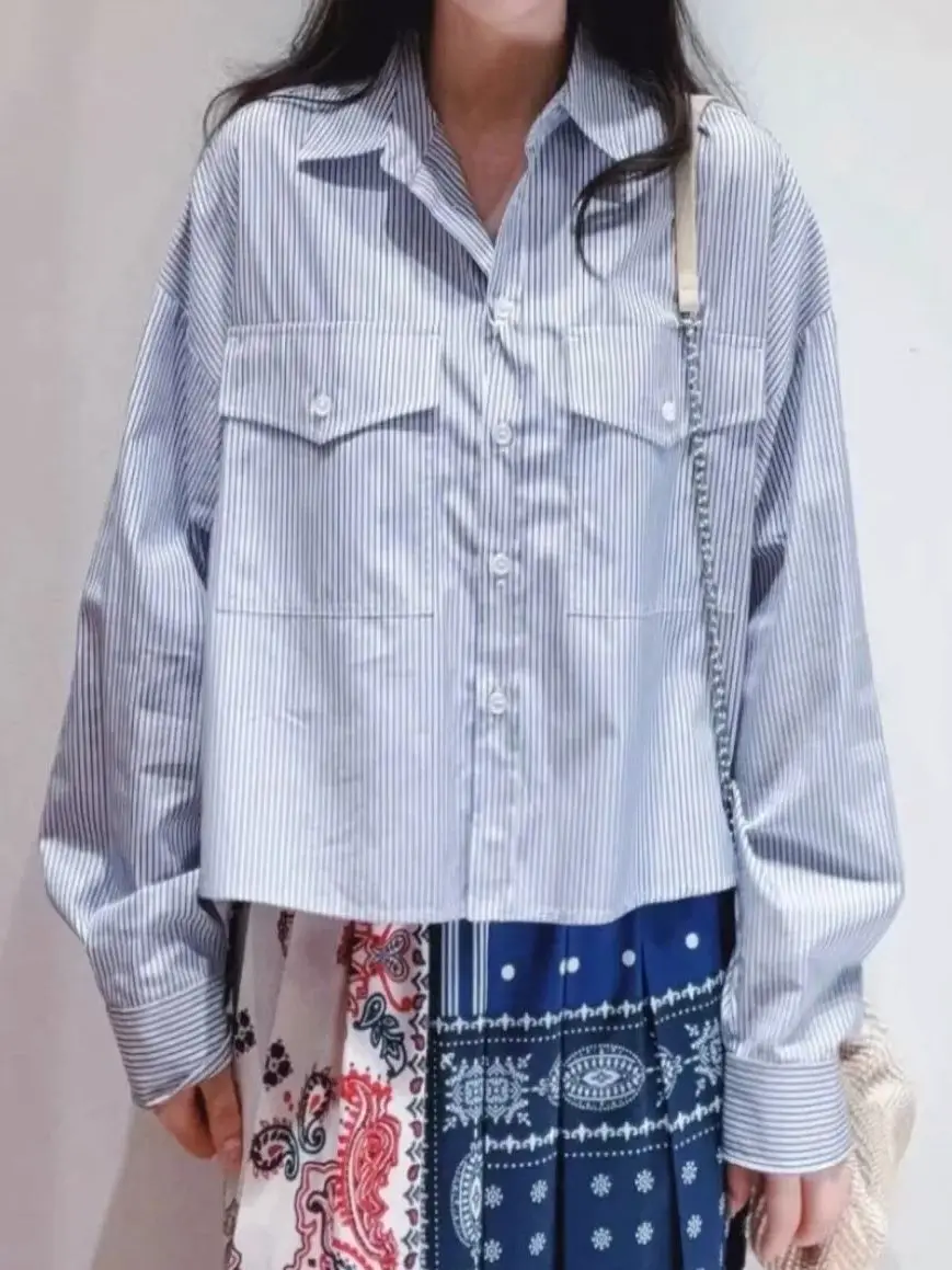 

Retro Print Women Blue Striped Shirt Long Sleeve Single Breasted Turn-down Collar Loose Female Blouse Top