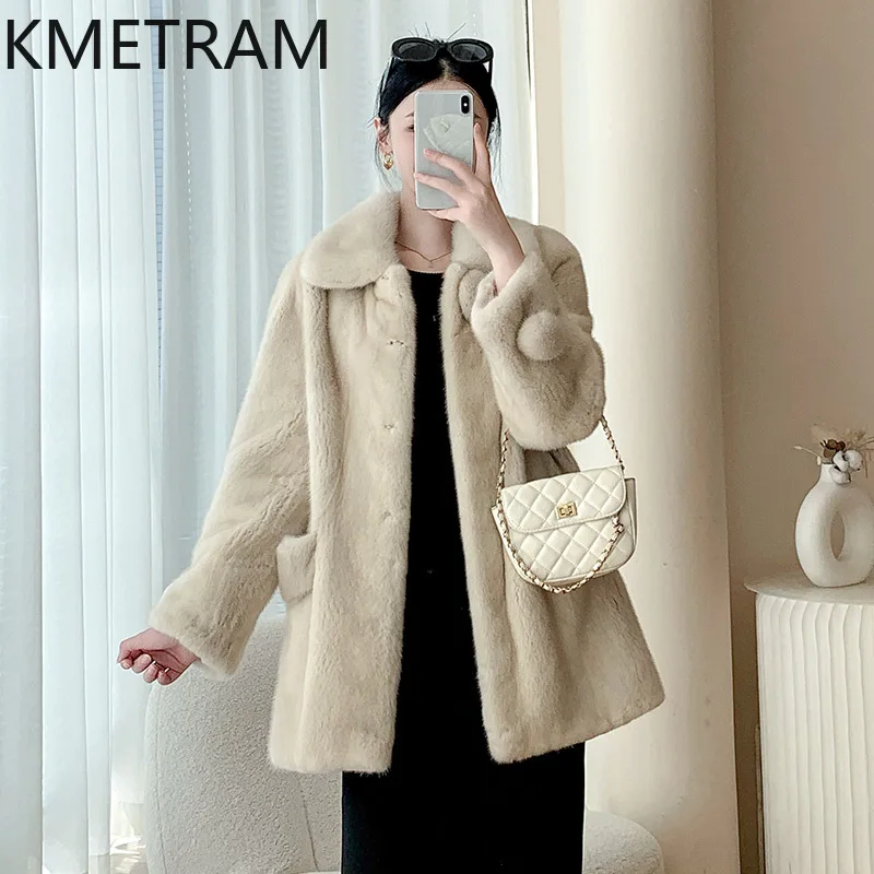 Real Mink Fur Coat Women New in Outerwears 2024 Winter Clothes Woman Trending Fashion Mid Length Fur Jacket Fourrures Femmes