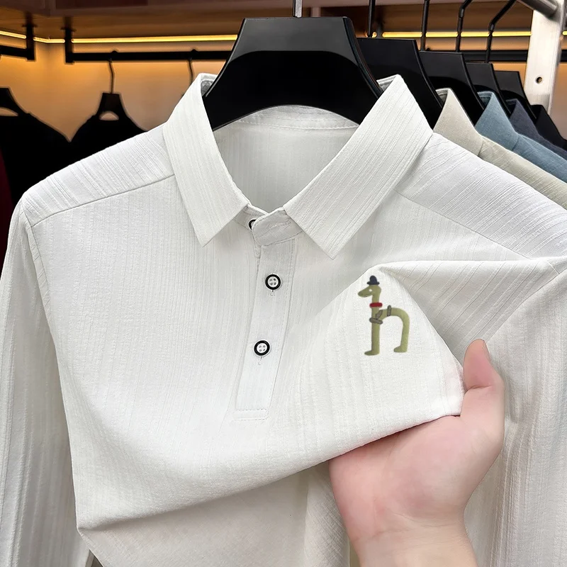 Autumn New Men's Print Polo Shirt Trend Casual Solid Color Long Sleeved Comfort Lapel T-shirt Designer Brand Business Men's Wear