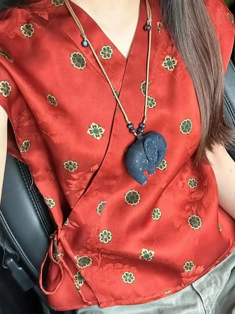 Floral Printed Satin Silk Blouses Women Short Sleeve Retro Tops Chinese Style Hanfu Lace Up Shirts Oversized