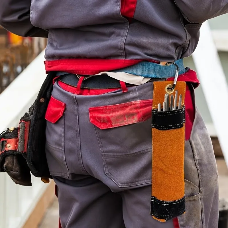 Welding Rod Holder Thickened Leather Bag 9X35Cm with Waist Pouch, Used for Storing Welding Rods, Tools, Arc Welding Rods, Brown with Hanging Buckle