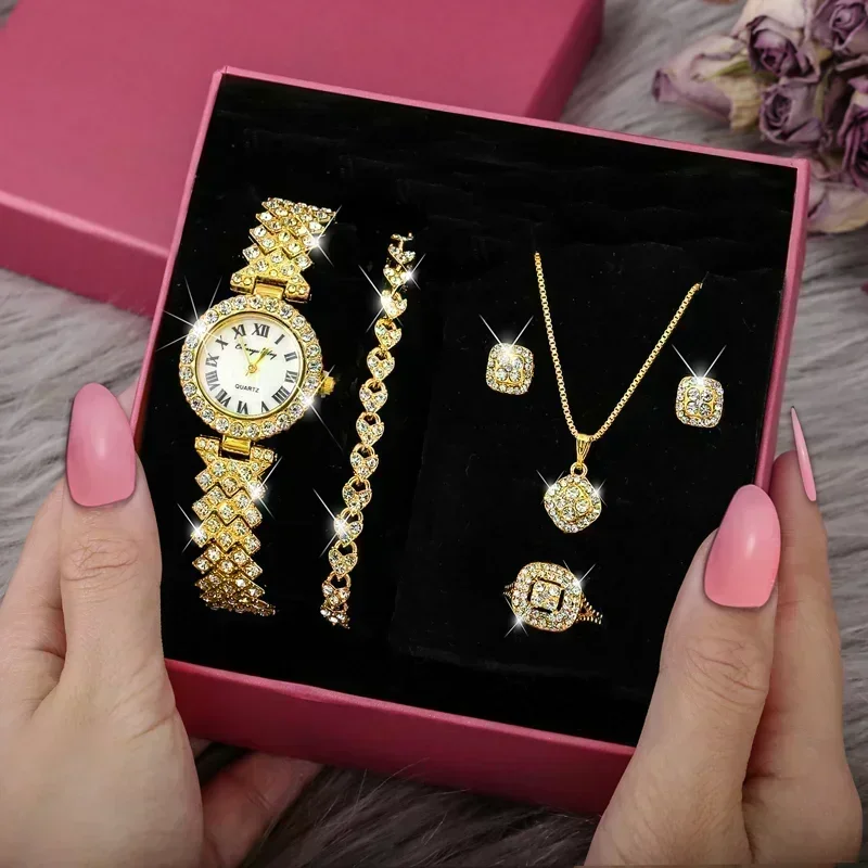 

Fashion Luxury Full Crystal 5 Pcs Watch Necklace Earrings Ring Set for Women Rhinestone Wristwatch Female Bracelet Set Gift