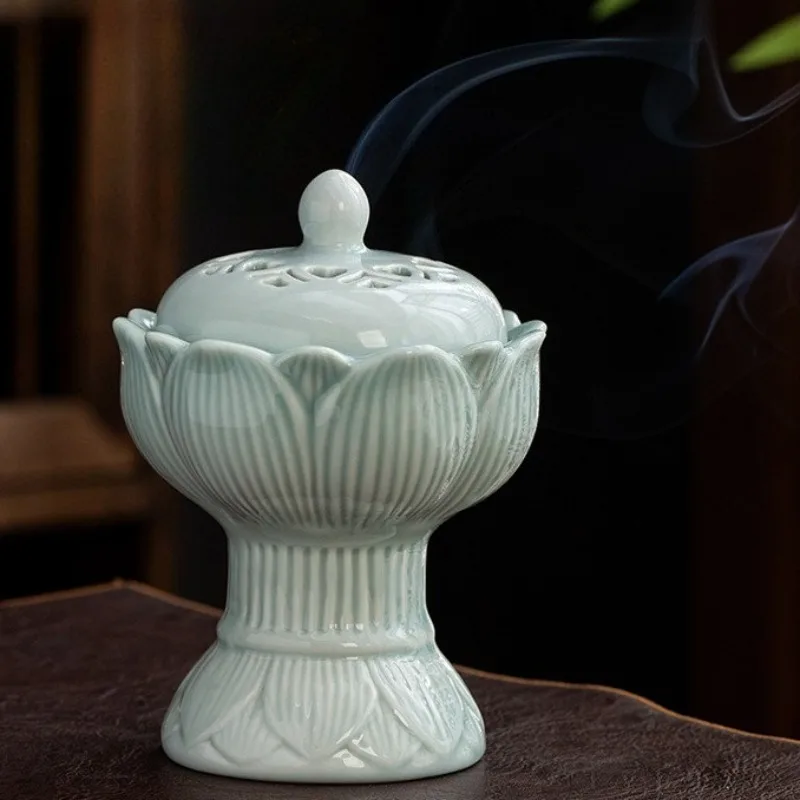 High-legged Porcelain Lotus-shaped Incense Burner High-temperature ElectricAromatherapy Stove Home Indoor Meditation Decoration