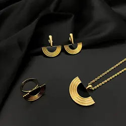 Fashion Stainless Steel Retro Sector Geometry Pendant Necklace earring ring Jewelry Set 18 gold Jewelry Gifts