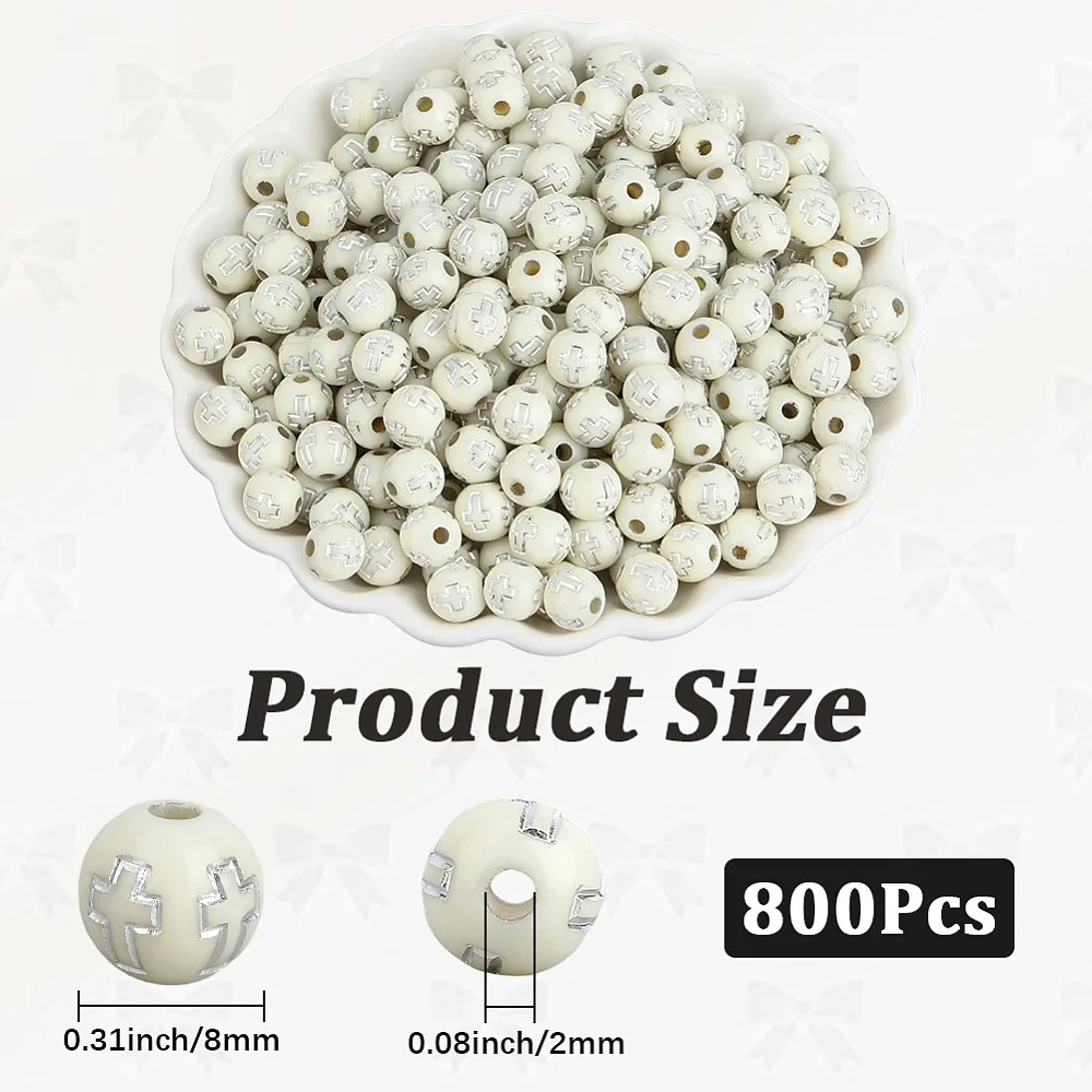 

800Pcs Plating Acrylic Beads Silver Metal Enlaced Round with Beige 8mm Hole: 2mm