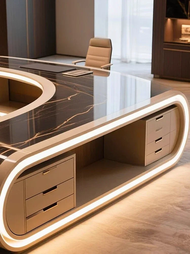 Light luxury high-end marble desk, curved creative and technological boss table