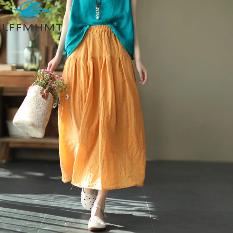 Women's Literary Style Double Layer Cotton Linen Skirt Solid Color Simple Basic Elegant Flowy Big Hem Skirt for Spring Summer