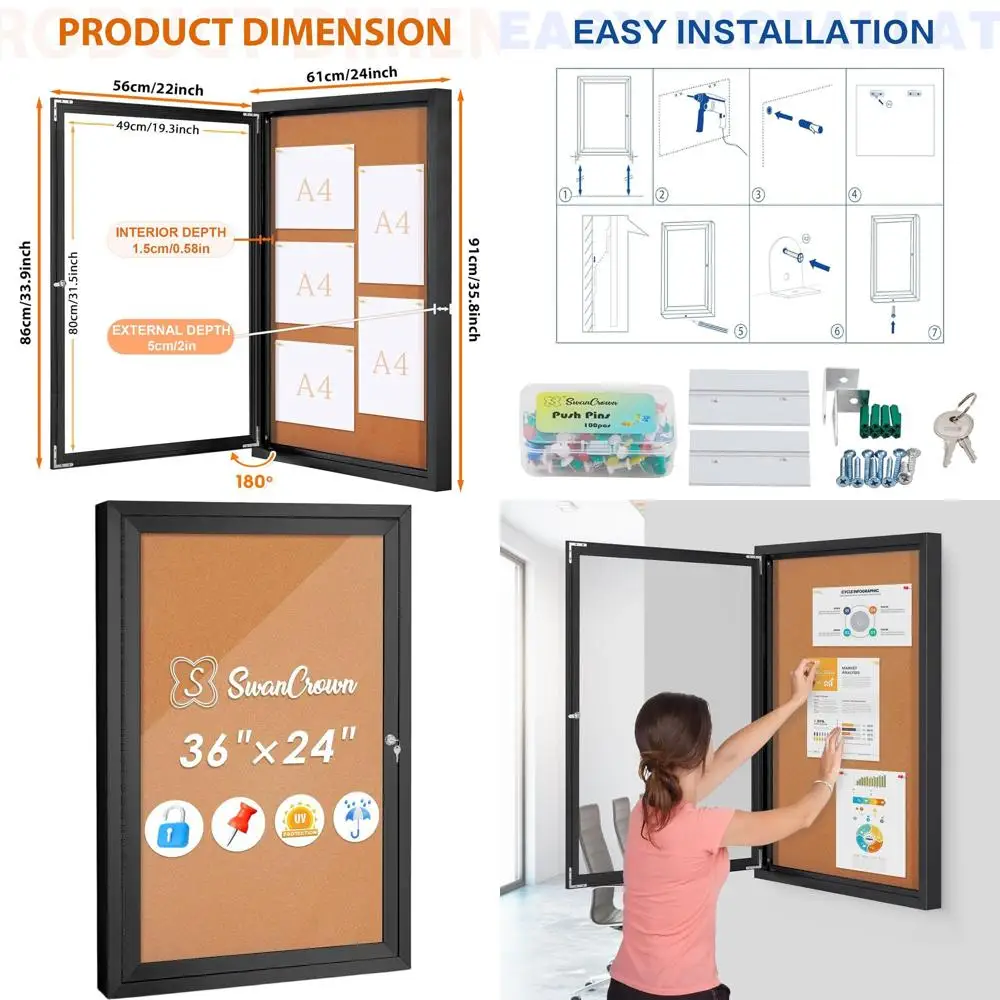 Quadro de Cortiça Fechado e Seguro de 36x24 Polegadas, Quadro de Avisos Externo com Porta Trancável para Uso Empresarial e Educacional