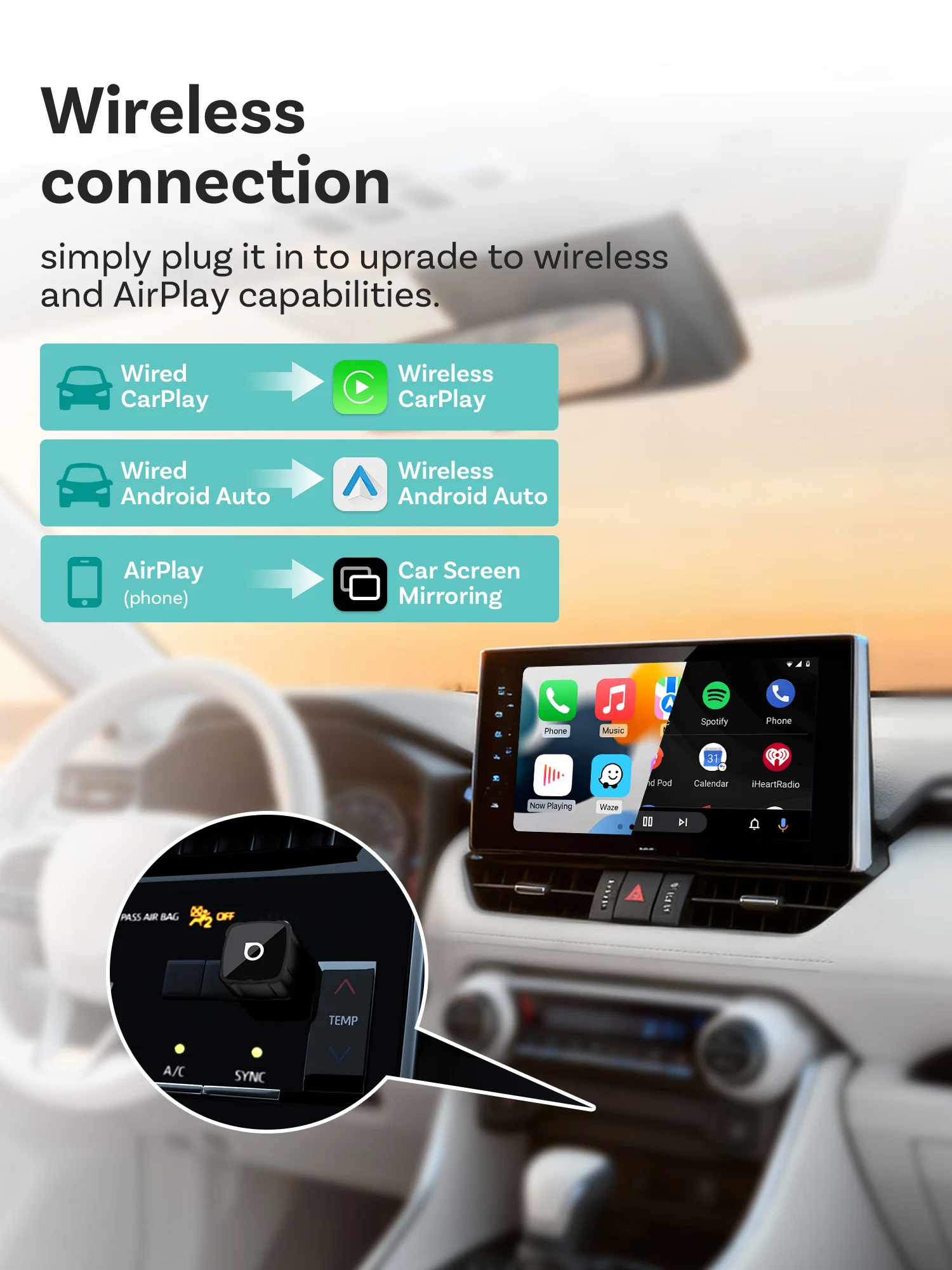 OTTOCAST Mini Air 3-in-1 Kabelloser CarPlay Android Auto Adapter AirPlay Bildschirmspiegelung Plug-and-Play Dongle für Audi VW Kia
