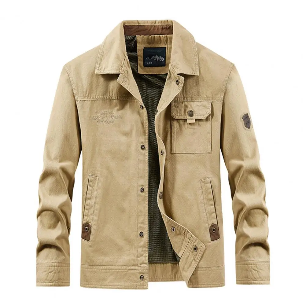 Men Jacket Lapel Long Sleeve Multi Pockets Design Jacket Coat Solid Color Single Breasted Outdoor Jacket Daily Wear